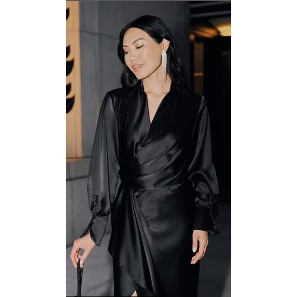 Xscape Black Satin Shirtdress Gown Size 8 Long Sleeve Formal $288 NEW Wedding - Picture 2 of 8